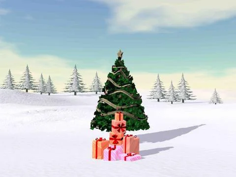 Christmas tree in the mountain - 3D render Stock Illustration