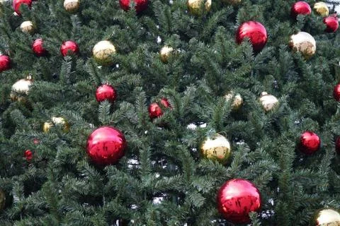 Christmas tree with multi-colored balls and decorations background Stock Photos