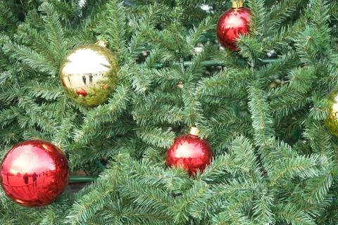 Christmas tree with multi-colored balls and decorations background Stock Photos