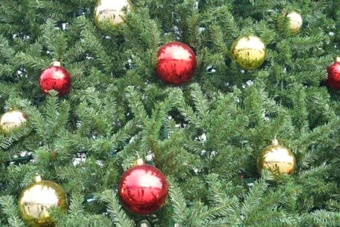 Christmas tree with multi-colored balls and decorations background Stock Photos