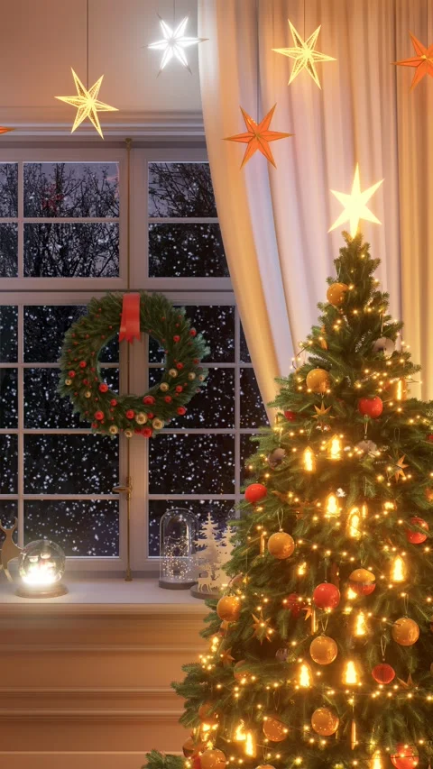 Christmas tree near the window, snowfall outside. 3D render. Stock Footage 291844182