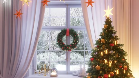 Christmas tree near the window, snowfall outside. 3D render. Stock Footage 291844508