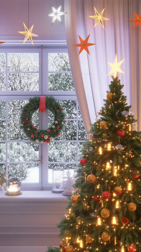 Christmas tree near the window, snowfall outside. 3D render. Stock Footage 291844618