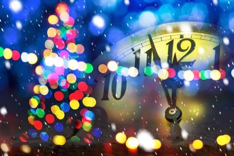 Christmas tree with new year clock before midnight Stock Photos