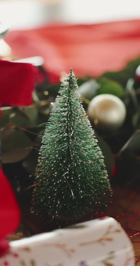 Christmas tree, ornament or table with decor for festive preparation, style or Stockbeeldmateriaal 332917339