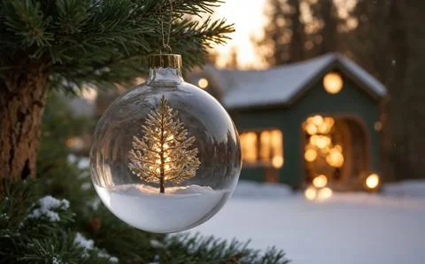A Christmas tree ornament with a tree inside of it is hanging from a tree Иллюстрация
