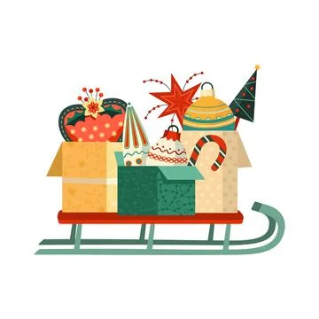 Christmas tree ornaments in gift boxes vector icon Stock Illustration
