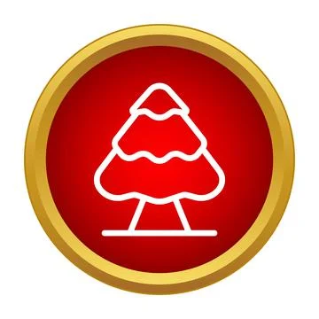 Christmas tree outline icon in red gold circle Stock Illustration