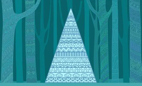 Christmas tree outline pattern. Mysterious New Year forest. Beautiful decorative Illustrazione stock