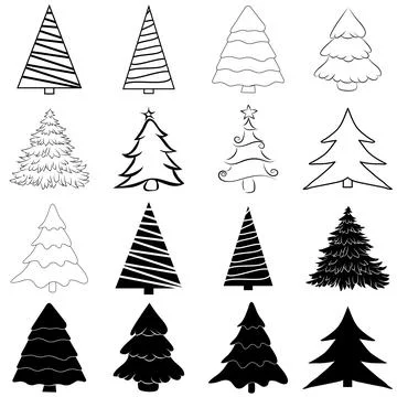 Christmas tree outline set. vector icon and silhouette shape collection. Stock Illustration