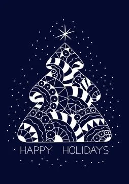 Christmas Tree with pattern and "Happy Holidays" handwritten lettering Stock Illustration