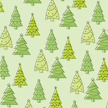 Christmas tree pattern with different tree designs on green, Vector Illustrazione stock