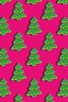 Christmas tree pattern on pink. Pixel art Stock Illustration