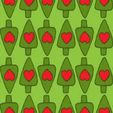 Christmas tree pattern with red heart on a green background Stock Illustration