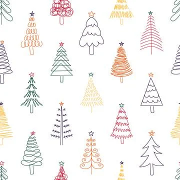 Christmas tree pattern. Seamless doodle linear fir tree for wrapping present Stock Illustration