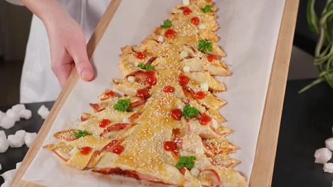 Christmas tree pie made from puff pastry Stock Footage 257813349