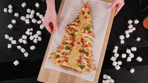 Christmas tree pie made from puff pastry Stock Footage 257813350