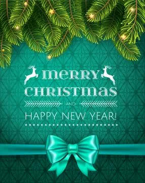 Christmas Tree Pine Branches on blue Background with blue bow. Merry Christmas Stock Illustration