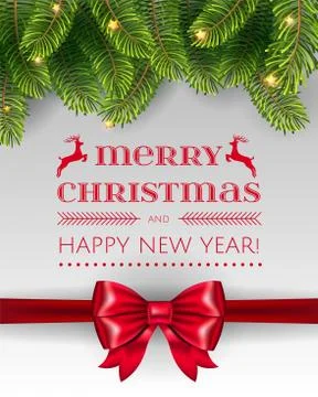 Christmas Tree Pine Branches Like Frame on White Background with red bow. Stock Illustration