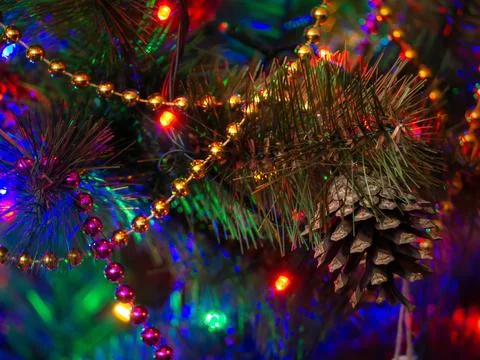 Christmas tree with pine cone and gold and pink beads on a fir branch, lights Stock Photos