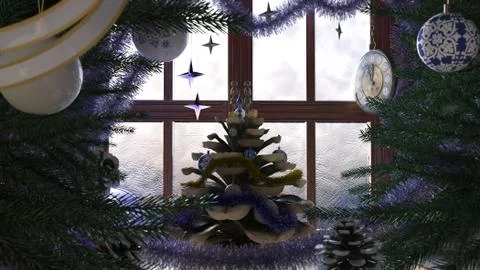 Christmas tree with pine cone,window and clock concept composition Stock Illustration