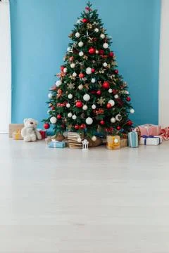 Christmas tree pine decor blue house New Year gifts holiday Stock Photos