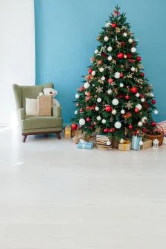 Christmas tree pine decor blue house New Year gifts holiday Stock Photos