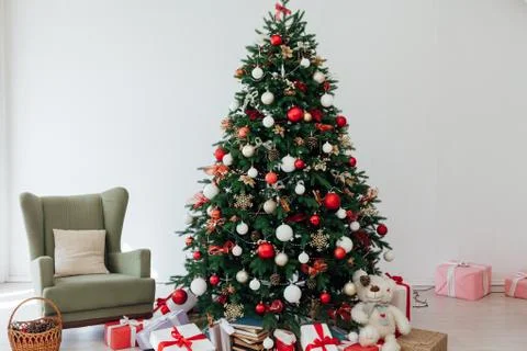 Christmas tree pine decor white background New Year holiday gifts Stock Photos