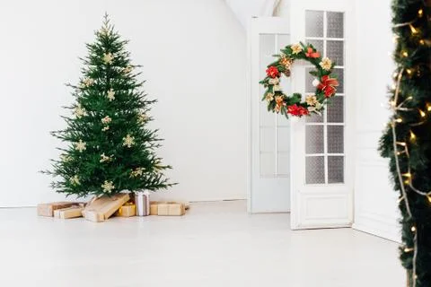 Christmas tree pine with decorations and gifts new year December Stock Photos