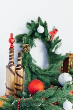 Christmas tree pine with fireplace interior of the house new year decor gifts Stock Photos