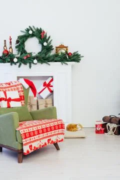 Christmas tree pine with fireplace interior of the house new year decoration Stock Photos