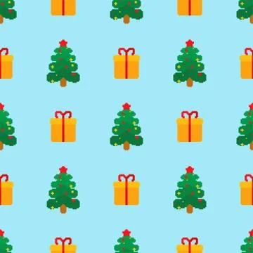 Christmas tree pixel art pattern seamless. Spruce 8 bit background. Xmas Pixe 스톡 일러스트