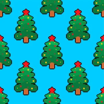 Christmas tree pixel art pattern seamless. Spruce 8 bit background. Xmas Pixe Stock Illustration