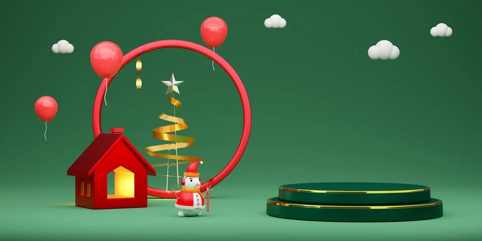 Christmas tree with podium empty and snowman in green composition for websi.. Stock Illustration