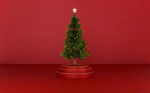 Christmas tree on podium on red background 3d illustration Stock Illustration