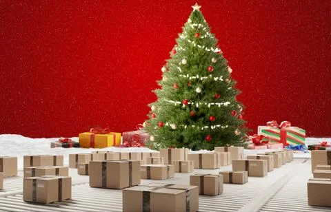 Christmas tree postal parcel logistics shipping parcels 3d-illustration brown Stock Illustration