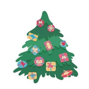 Christmas tree with present boxes decor isolated vector illustration. Stock Illustration