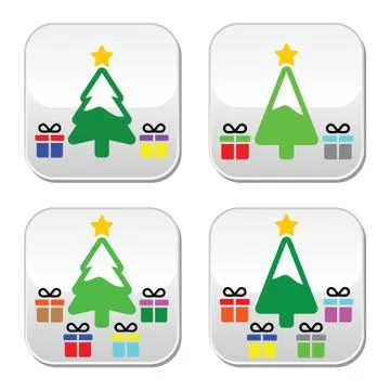 Christmas tree with present buttons set Stock Illustration