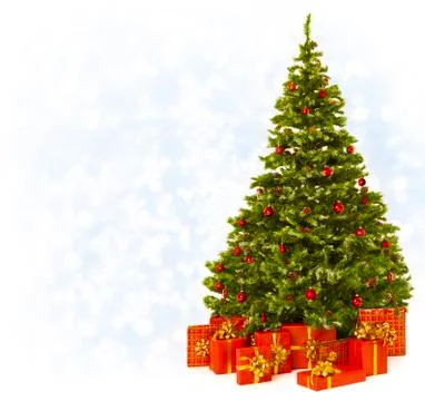 Christmas Tree with Present Gift Boxes, Decorated Xmas Tree Stock Photos