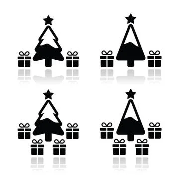 Christmas tree with present icons set Stock Illustration