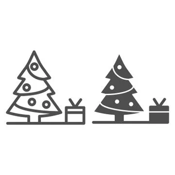 Christmas tree with present line and glyph icon. Fir-tree vector illustration 스톡 일러스트