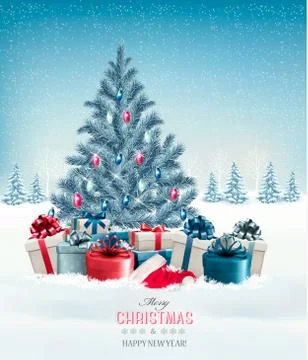Christmas tree with presents background. Vector. Stock Illustration
