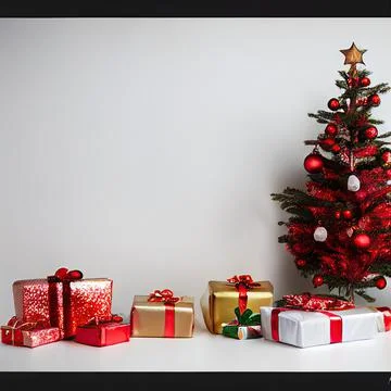 Christmas tree with presents on light background with copyspace Stock-Fotos