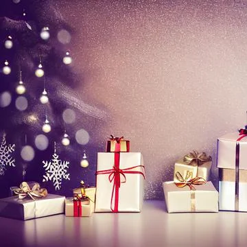 Christmas tree with presents on light background with copyspace Stock-Fotos