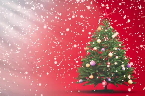 Christmas tree. Red background, gradient of light rays. Defocus light snow Illustrazione stock