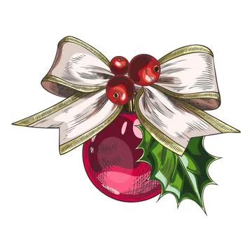 Christmas tree red ball with bow, mistletoe hand drawn vector illustration Stock Illustration