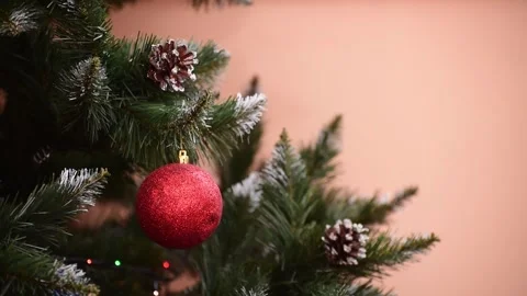 Christmas tree with red ball close-up, New year festive background,horizontal 4k Stock Footage 258052473
