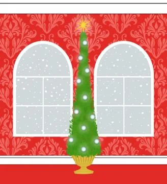 Christmas Tree in a Red Damask Room With Palladian Windows Stock Illustration