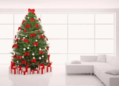 Christmas tree with red decorations in white interior 3d render Stock Illustration