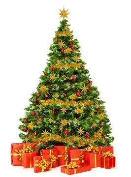 Christmas Tree with Red Gift Boxes and Golden Toys isolated White. Xmas Fir Tree Stock Photos